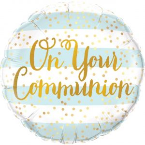 On Your Communion! Blue and White Stripes 18" Foil Balloon