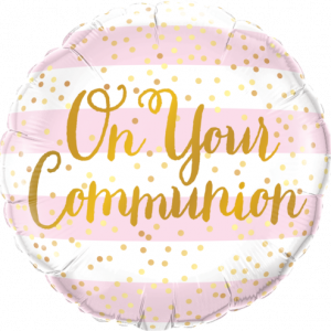 On Your Communion! Pink and White Stripes 18" Foil Balloon