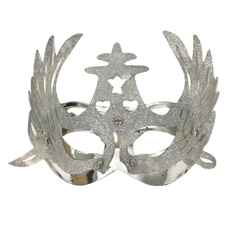 Shiny Silver Masquerade Mask with Attached Silver Glittered Accent and Ribbon Tie