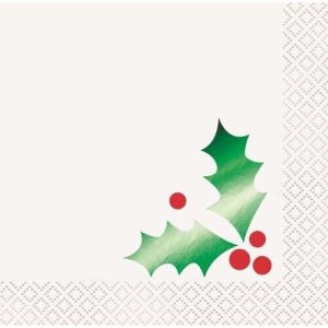 Green Holly Foil Beverage Napkins 2ply 16 Pack