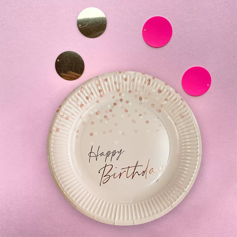 Rose Gold Confetti Birthday Large Paper Plates (Pack of 8)