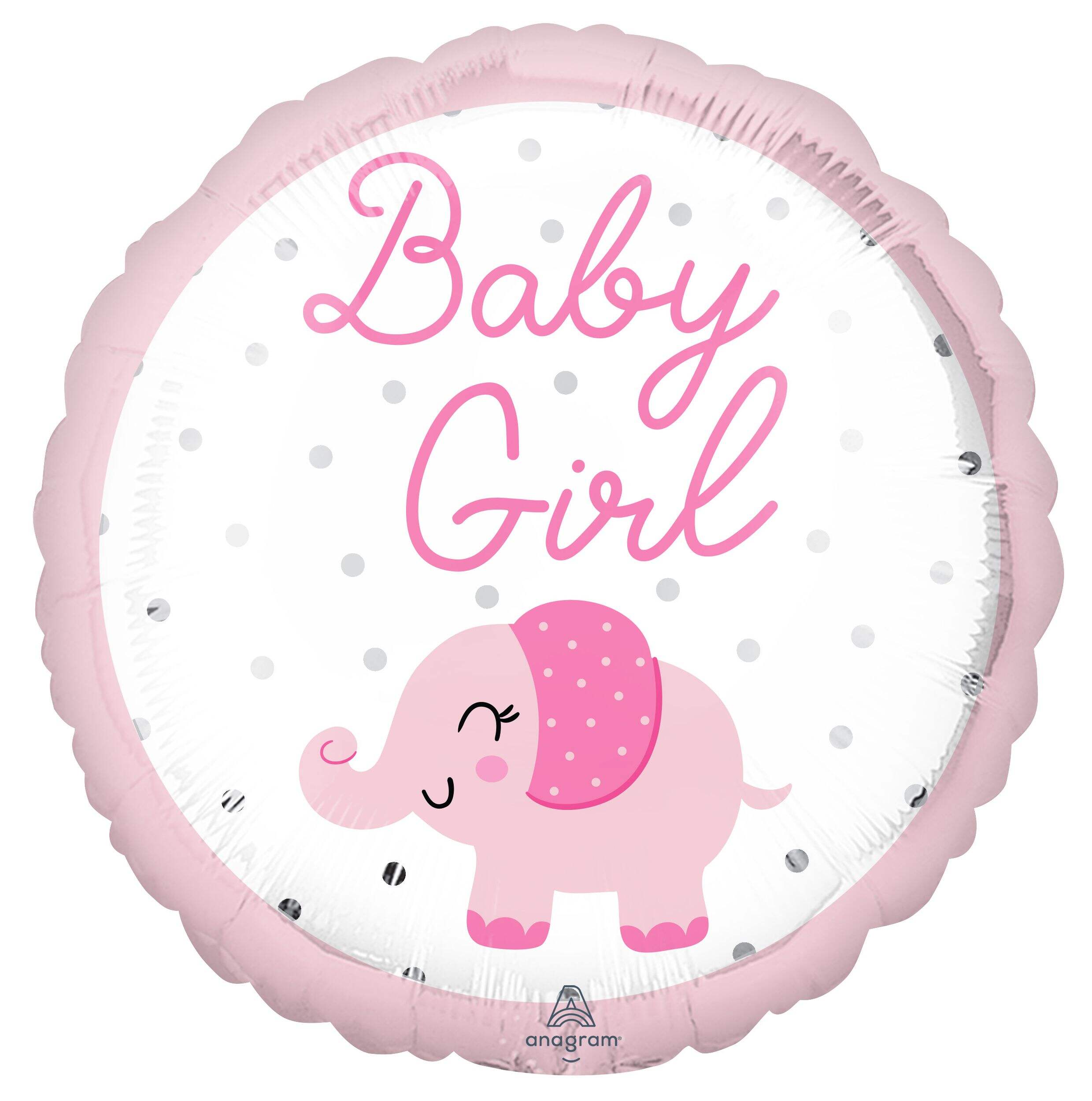 Elephant "Baby Girl" Round Satin Foil Balloon, Pink/White, 18-in