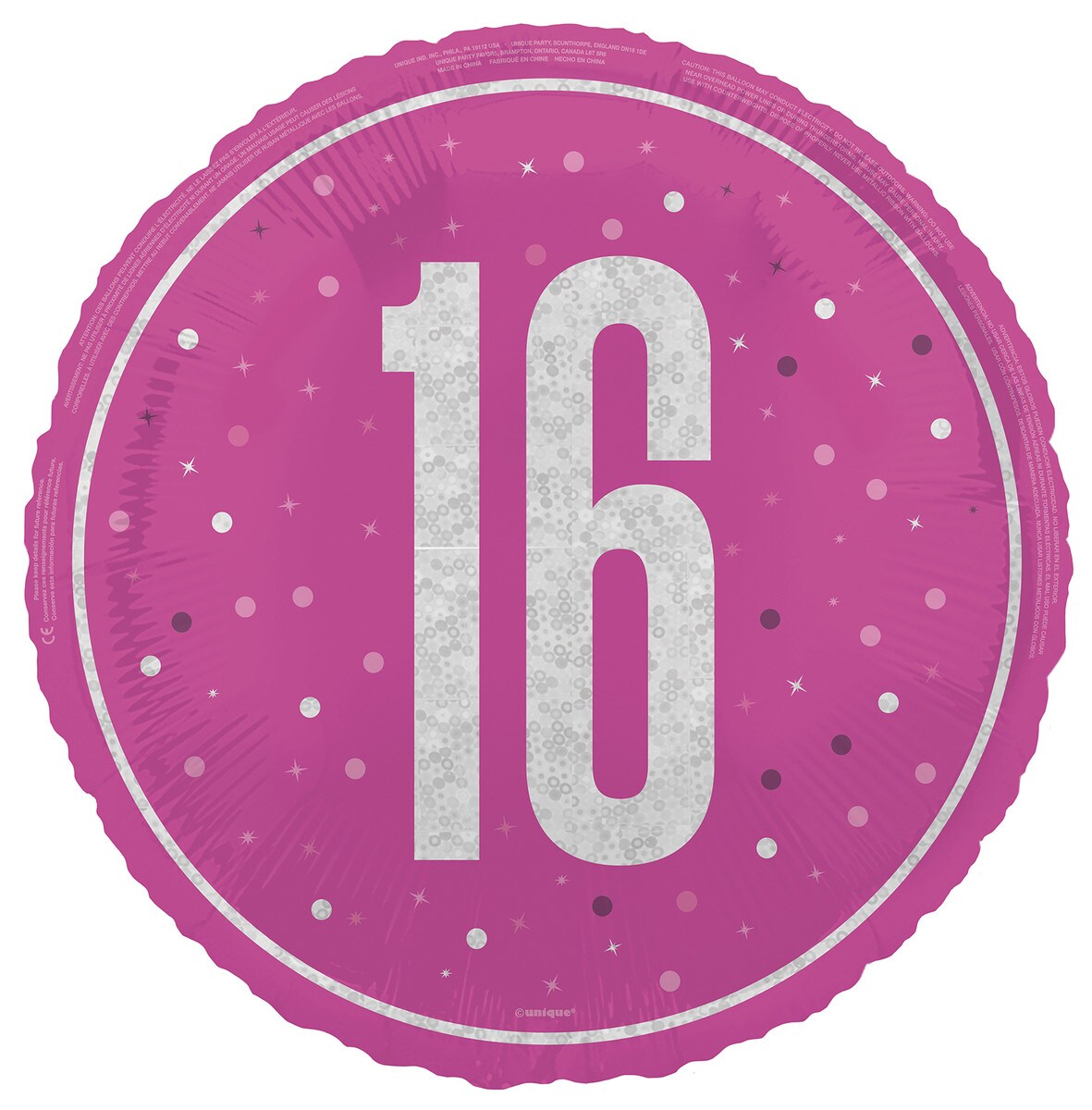 Pink "16" 45cm (18") Foil Prismatic Balloon