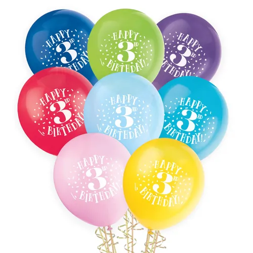 3rd Birthday Coloured Balloons 30cm Round (Pack of 8)