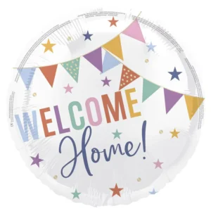 White Welcome Home Foil Balloon 45cm (18") With Bunting Flags & Multicoloured Stars