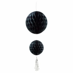 Honeycomb Balls Black With Silver Foil Tassel Tails 2 Pack