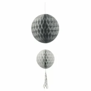 Honeycomb Balls Silver Grey With Silver Foil Tassel Tails 2 Pack