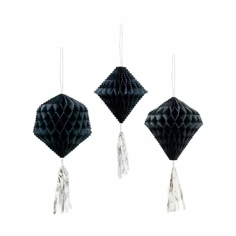 Honeycomb Diamond Black With Silver Foil Tassel Tails 3 Pack