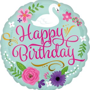 Happy Birthday Floral Swan Foil Balloon 45cm