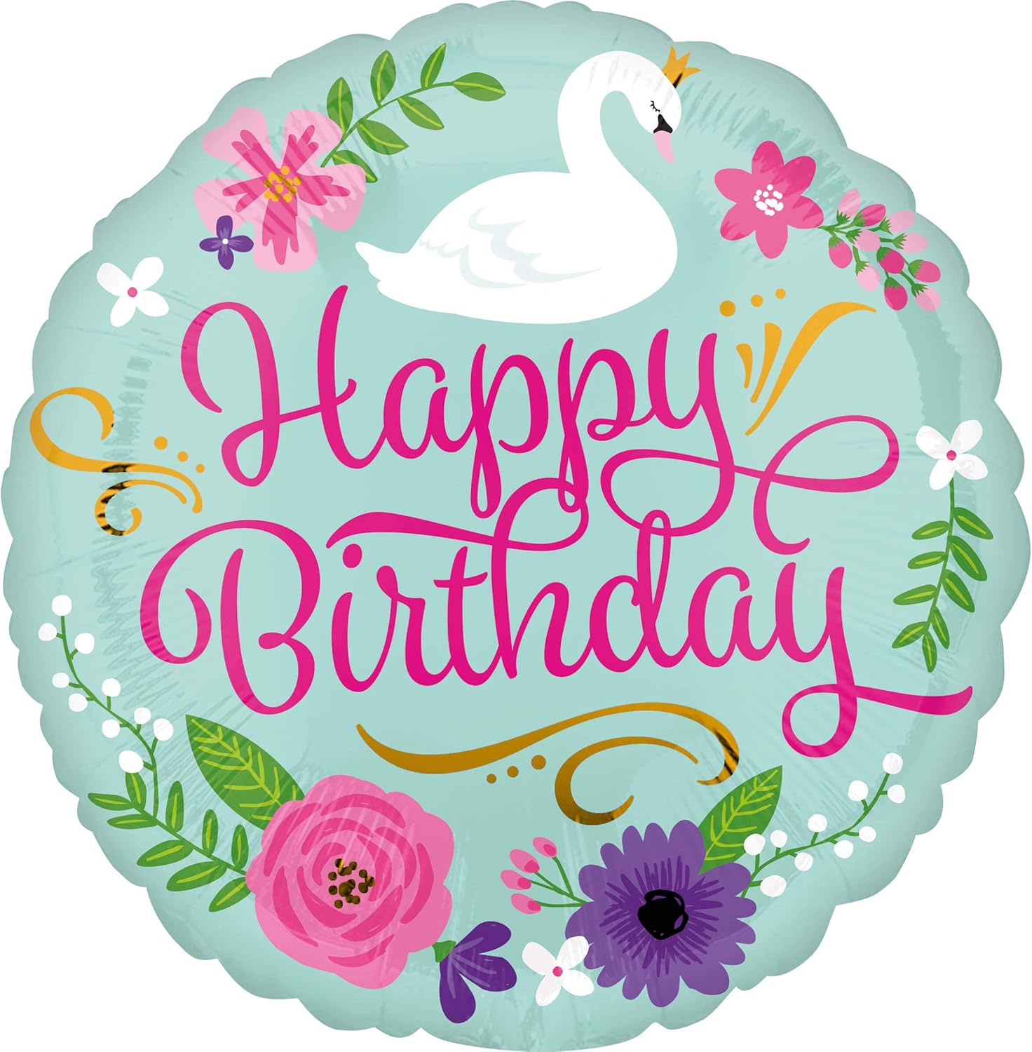 Happy Birthday Floral Swan Foil Balloon 45cm
